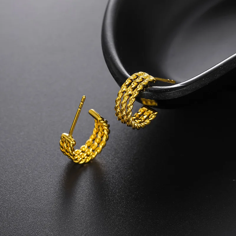 

Luxury 24K 9999 Pure Gold real gold Twist Small Ear Ring Ear Buckle Women's Fashionable Vintage Stud Earrings