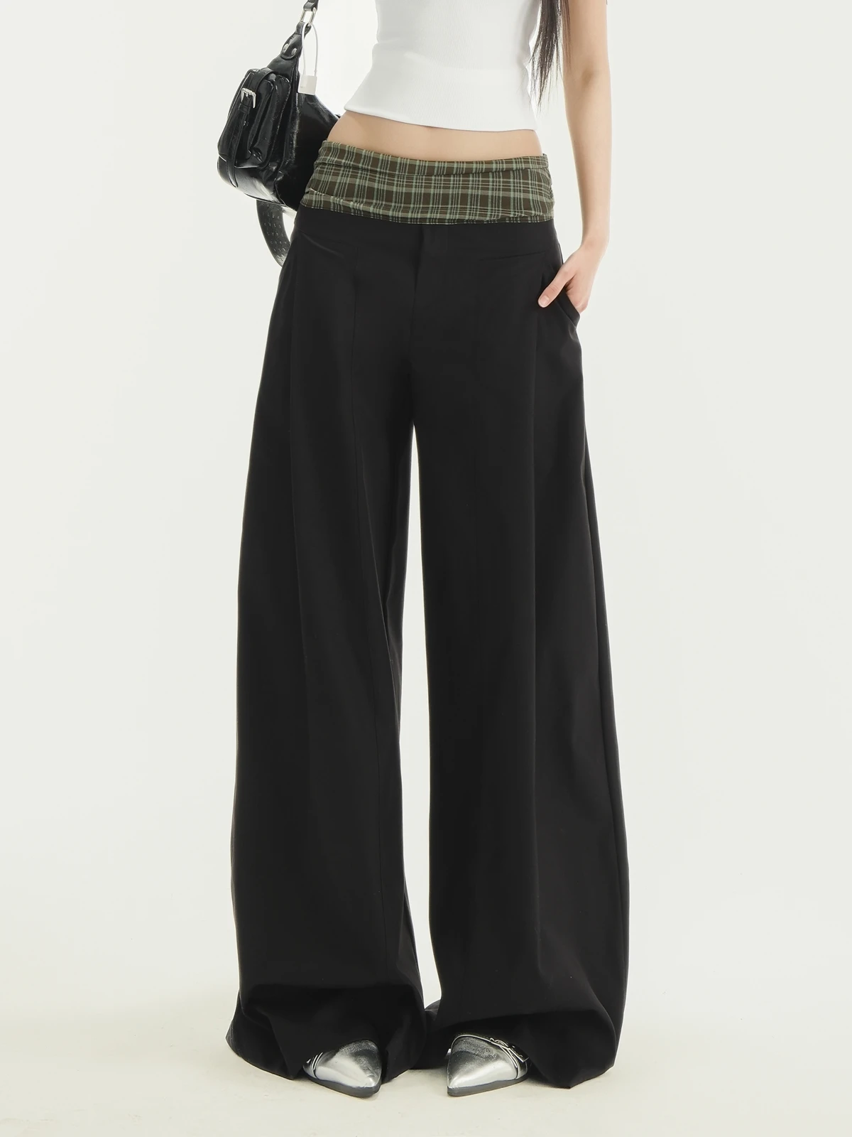 

ZHISILAO New Black Wide Leg Pants Women Baggy Patchwork Loose High Waist Floor Length Trousers Spring Summer 2025