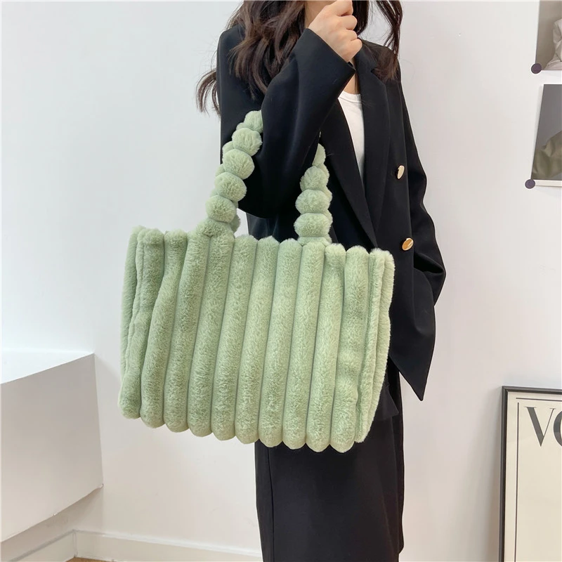 Faux Fur Soft Winter Tote Bag For Women Square Solid Striped Plush Handbag Woman Casual Large Shoulder Bag Cute Purse Female