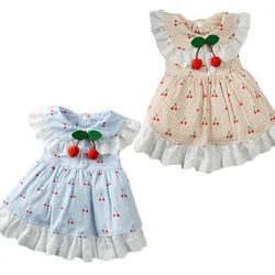 Sweet Lace Collar Cat Dress for Dogs,Cherry Decor, Blue Tutu Skirt for Small Dogs, Princesses Shirts, Pet Apparel, Sundress, XXL