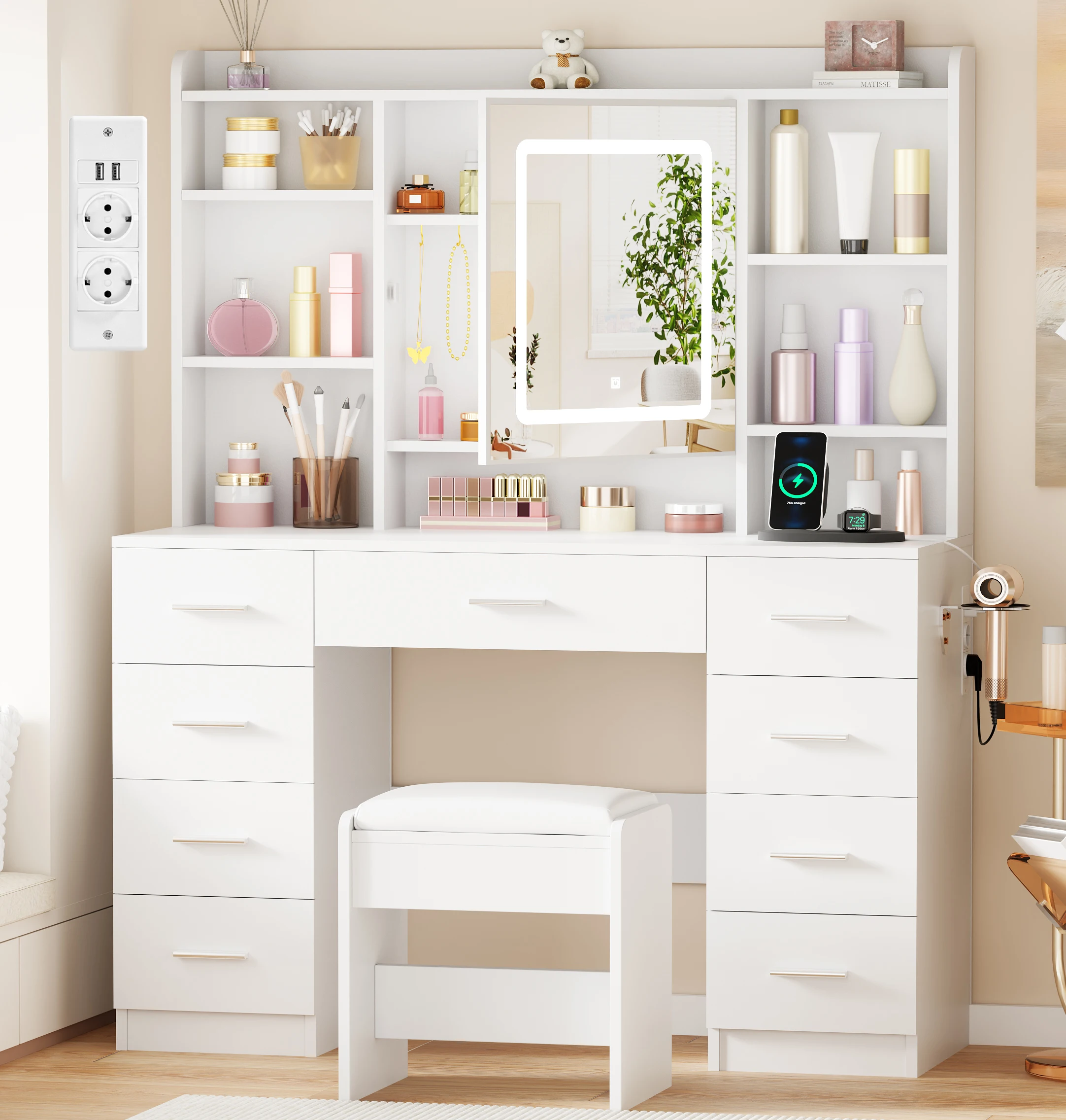 Vanity with Smart LED Mirror, Jewelry Storage, Power Outlets, and Padded Stool—Features 9 Drawers and 6 Shelves
