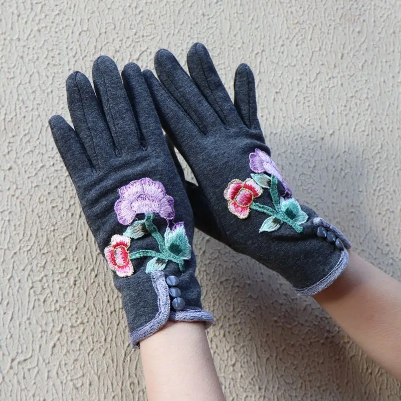 Embroidery 3D Flower Touch Screen Keep Warm Full Finger Glove For Women Girl Winter Outdoor Warm Driving Gloves Mittens