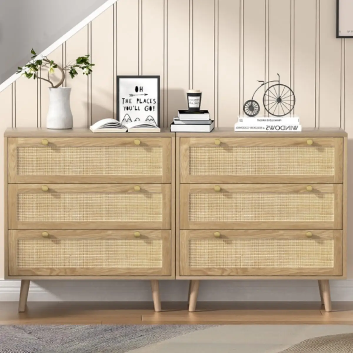 

2pcs 3 Drawer Dresser for Bedroom, Rattan Chest of Dressers, Modern Wooden Dresser Wide Chest of Drawers with Golden Handles