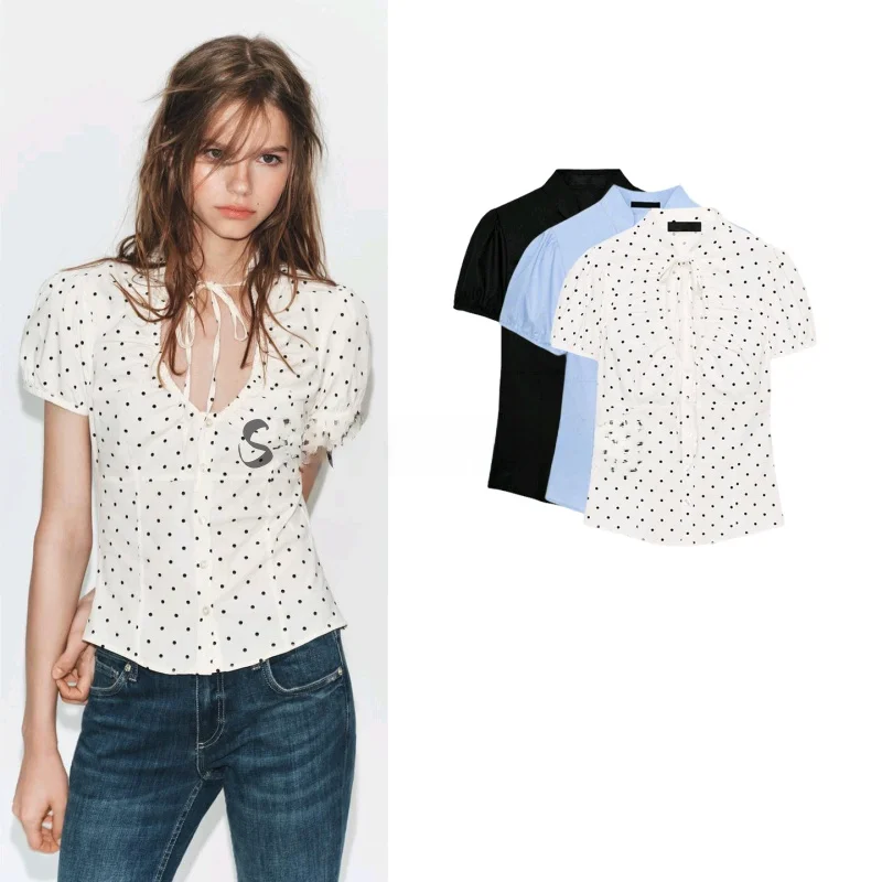 

Новая женская повседневная блузка с короткими рукавами-фонариками и узлом, свободного кроя, из полиэстера, коллекция Весна-Лето