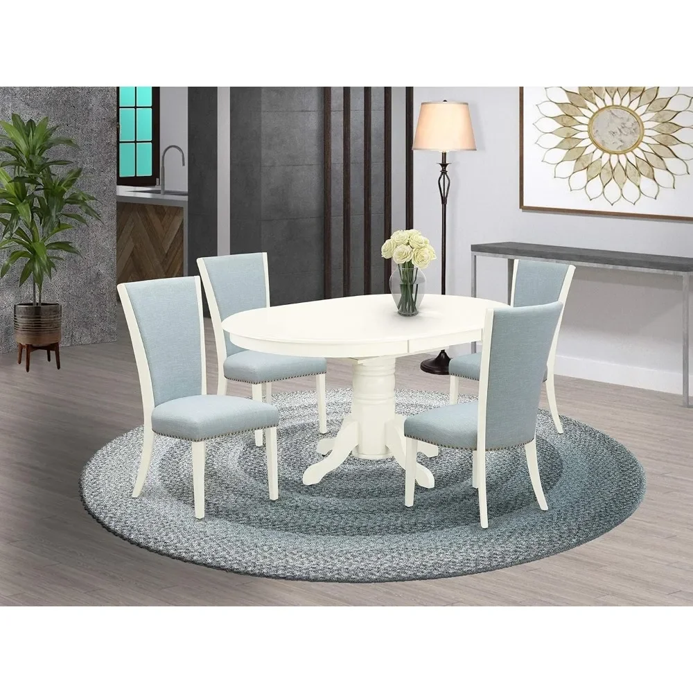 5 Piece Set Includes an Oval Kitchen Table with Butterfly Leaf and 4 Baby Blue Fabric  Dining Chairs|