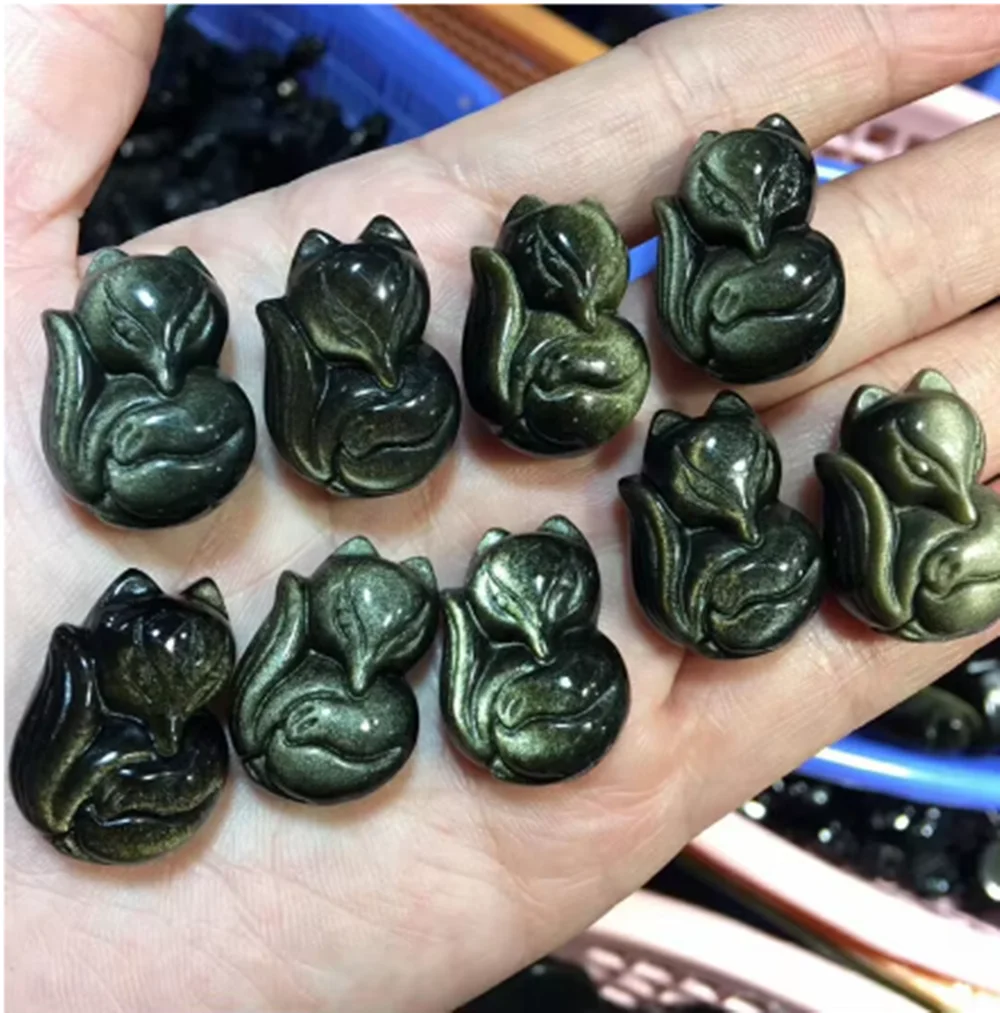 Rainbow eyes obsidian quartz crystal, 9-Tailed Fox pendant, reiki gift, 1PCs