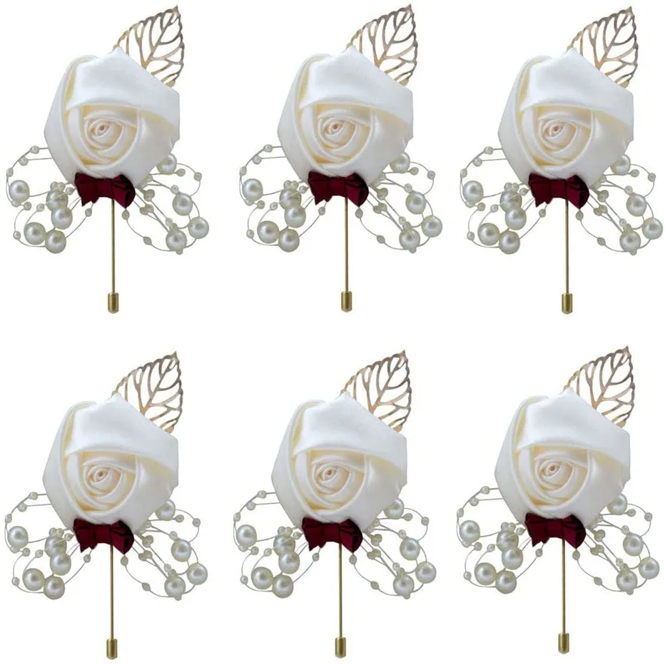 Boutonnieres Flowers Artificial Roses Fake Pearl Ivory Corsage Buttonhole Groomsmen Boutonniere for Men Wedding Accessories