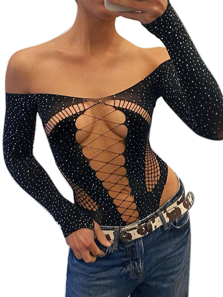 Seksowna przezroczysta odzież błyszczące dżetów Hollow Club seksowne body kabaretki z długim rękawem Backless Slim Club Party Body pajacyki — zdjęcie 2