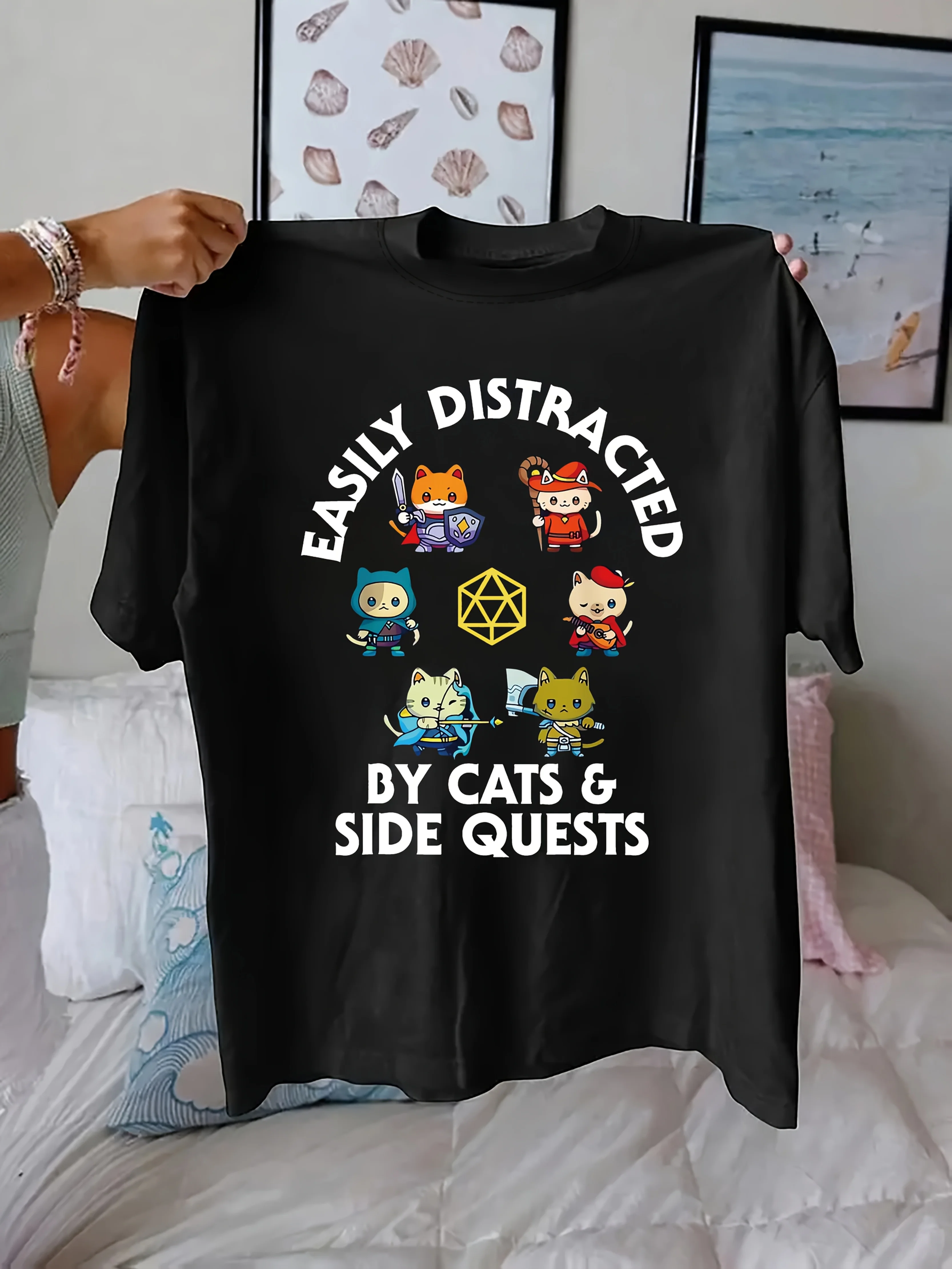 تي شيرت RPG Game Cat Aditional Tasks D20 Dice Geek Cat Print، قميص كاجوال بأكمام قصيرة ورقبة دائرية للصيف والربيع