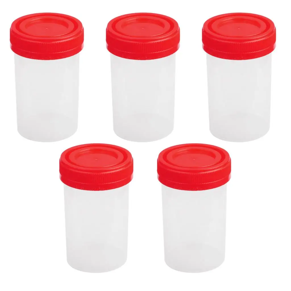 Pack of 5 Pieces Transparent Clear 60ml Measuring Cup Sterile Containers Bottles w/ Red Lid