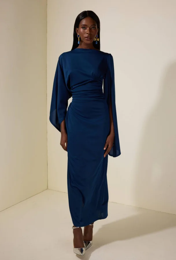Sexy Abendkleid mit Schrägausschnitt und Falten, Elegantes Hochgeschnittenes Einfarbiges Bankett-Kleid, Damen Freizeitkleid mit Unregelmäßigen Langen Ärmeln – Detail 2