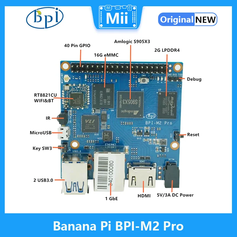 Banana Pi BPI-M2 Pro Amlogic S905X3 Quad-Core 2GB LPDDR4 RAM 16G eMMC Support Android Linux Ubuntu SBC Single Board Computer