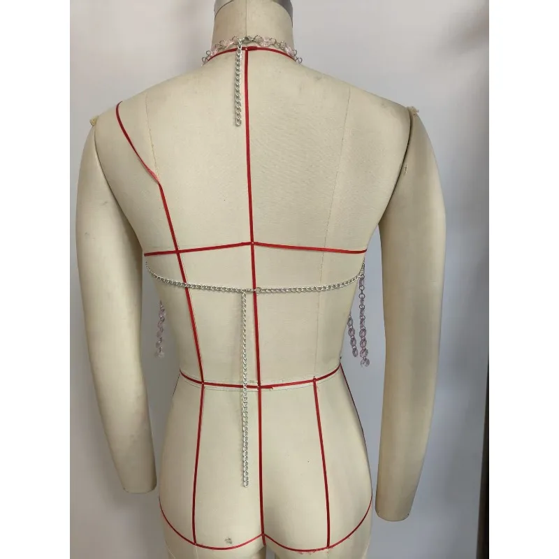 Women Pink Crystal Beaded Jewelry Bra Chain Hollow Out Sexy Dance Show Party Summer Bikini CropTop Breast Chain Цепочки Для Тела