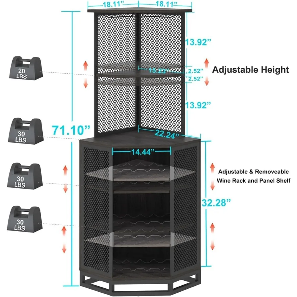 IBF Alto Canto Bar Cabinet, grande Madeira e Metal Liquor Cabinet com Wine Rack, Canto industrial Wine Cabinet com ajustável