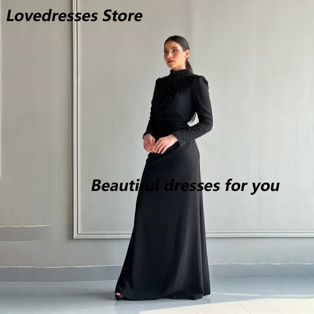 Customized Elegant Beads High Neck Prom Dresses Balck Long Sleeves Evening Dresses Saudi Arabia Floor-Length Party Dresses Women