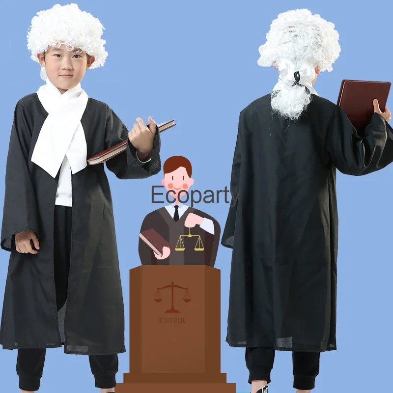 Children Lawyers Cosplay Costume For Boy Girls Halloween Counselor Judge Black Uniform Robe Wig Kids Stage Show Carnival Outfits