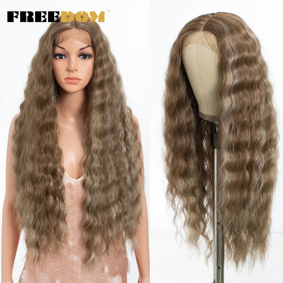 FREEDOM Synthetic Lace Front Wigs For Black Women Long Deep Curly Wavy Lace Wig 30 Inch Ombre Blonde Lace Wig Cosplay Wigs