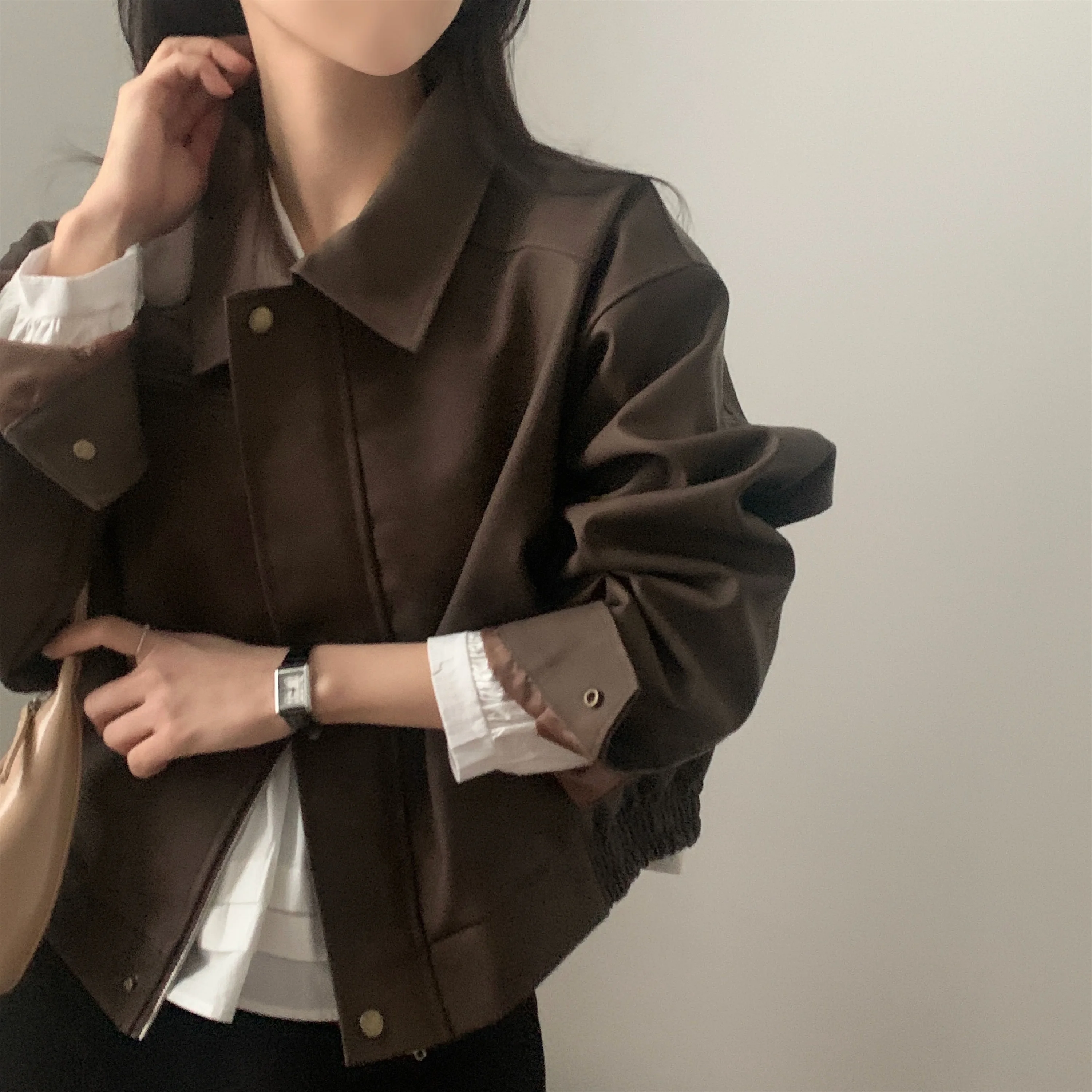 أنيقة الخريف جديد خمر فضفاض طويل Sve الجلد المدبوغ بولي Leather الجلود Jaet طوق معطف الكورية Sle المرأة Faion ملابس خارجية