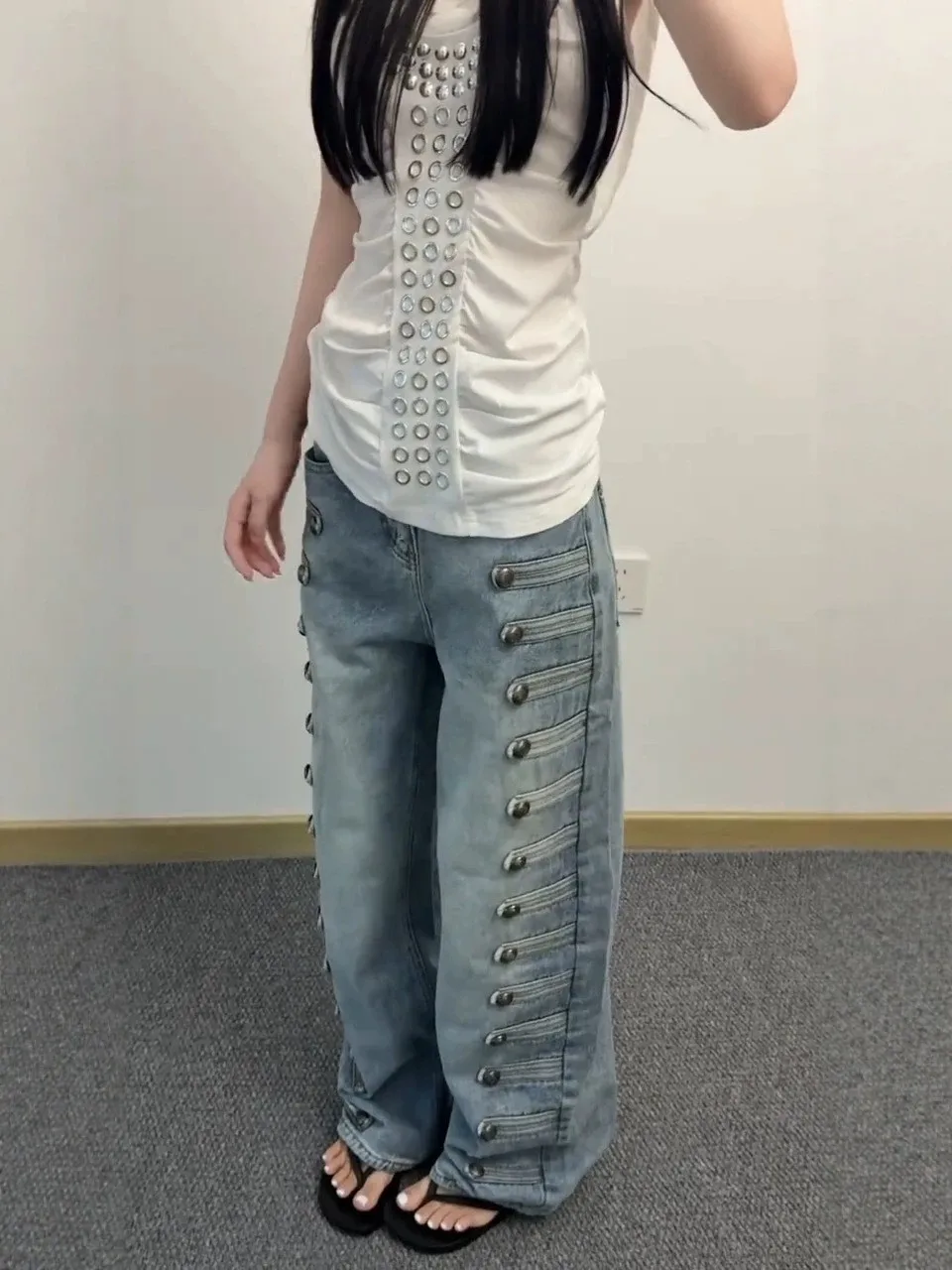 High Waist American Retro Court Style Multi-Buckled Loose Straight Leg Jeans Women's Autumn Design Wide Leg Pants