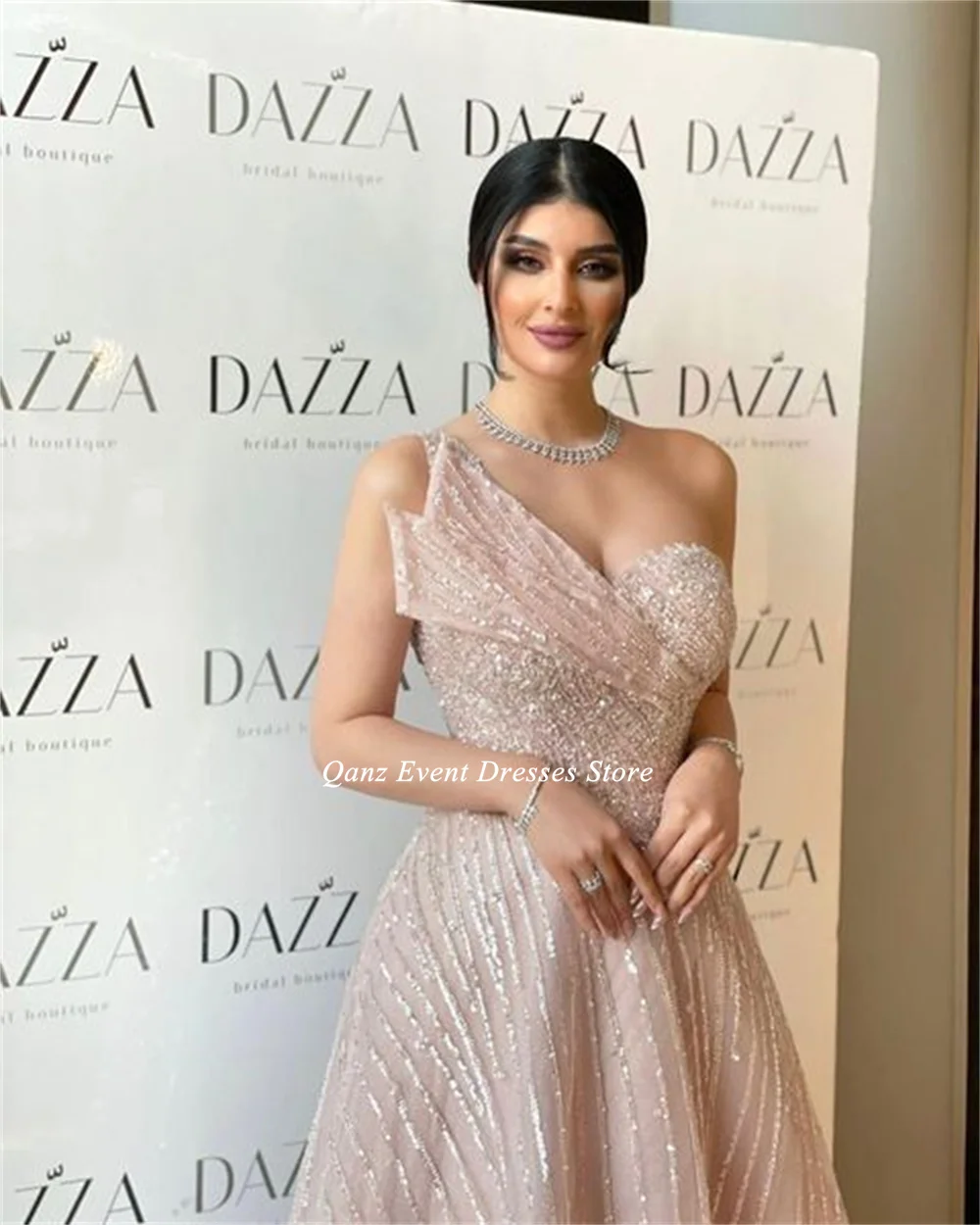 Qanz Pink Tulle Prom Dress Sparkle Long A Line Sequined Luxury Dresses Evening 2023 Formal Occasion Dresses Abendkleider Dubai