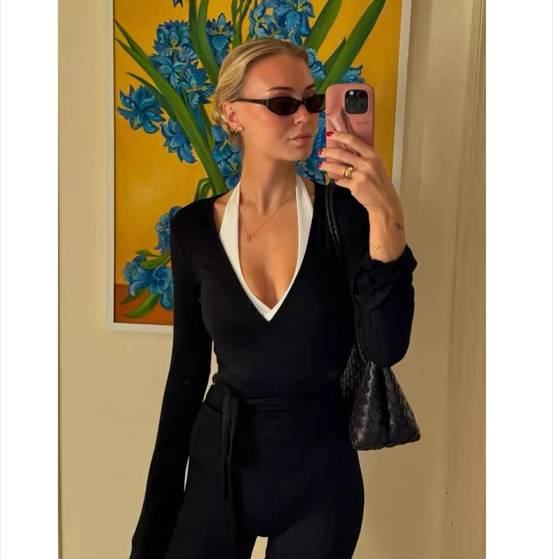 

Women Tie Crop Tops Yoga Shirts Long Sleeve Deep V Neck Solid Color Slim Fit Shirts Ladies Yoga Workout Blouses