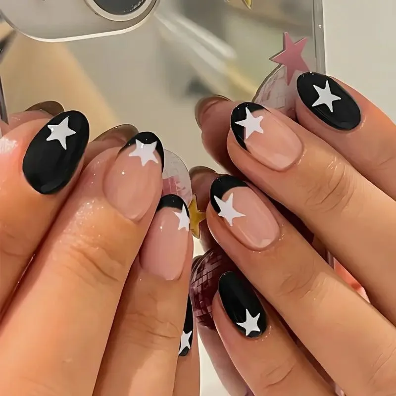 

24PCS Simple Black French Oval False Nails with Glue Sweet Cool White Stars Patterns Almond Press on Nails Full Cover Wearable
