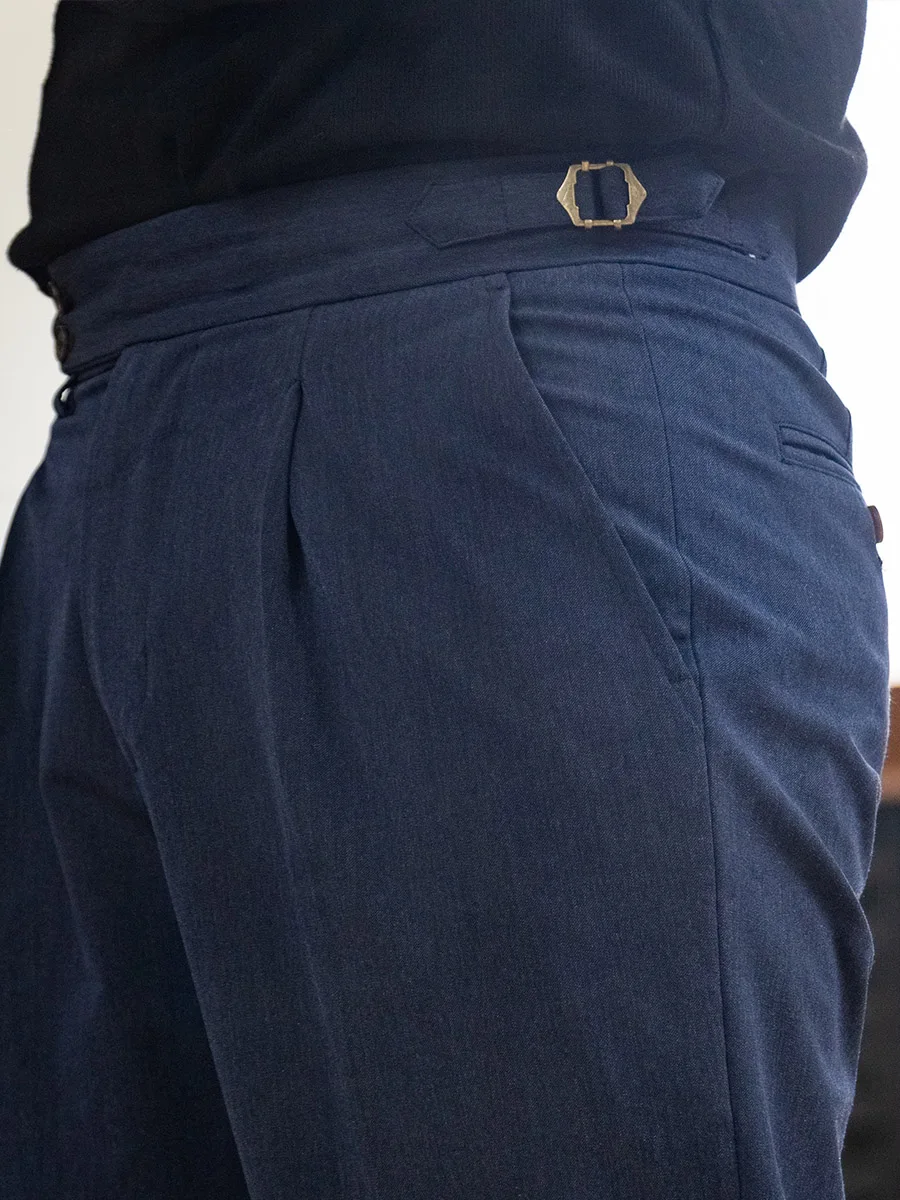 Machine-washable worsted fabric denim blue relaxed straight-leg dress pants Naples Paris button casual trousers Neapolitan Paris