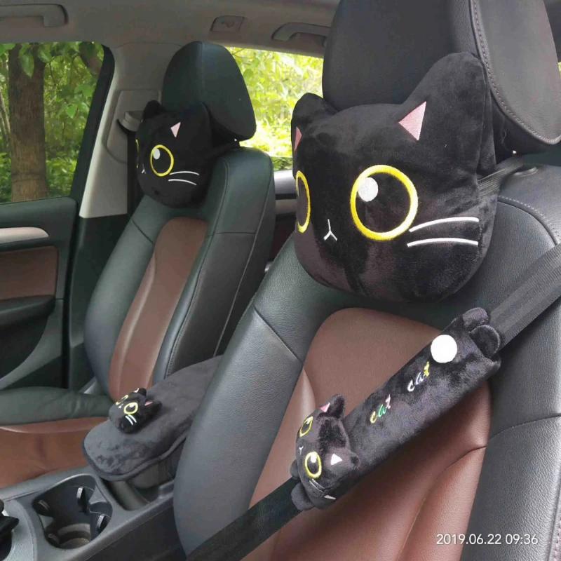 Cute Cat Car Neck Pillow Cartoon Head Headrest Travel Cushion Seatbelt Shoulder Pads Covers Rearview Mirror Cover Interior Seat