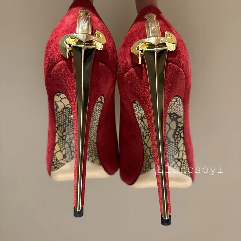 Metal Sword Pointed Toe Super High Heels Women Real Leather Pumps Shallow Mouth Single Shoes Spring Sexy Stiletto Runway Shoes view 2