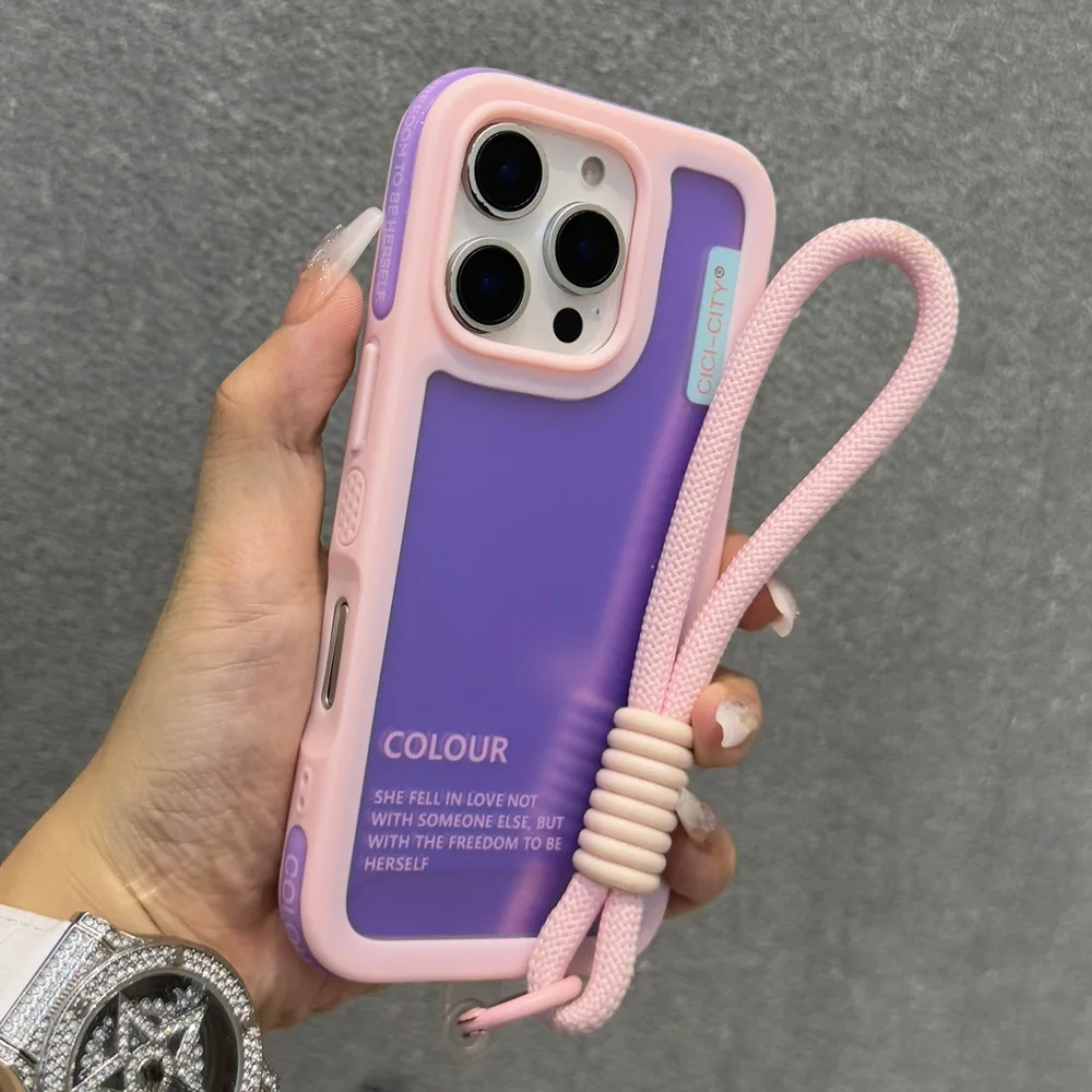 Snoep Contrast Kleur Laser Polsband Case Voor iPhone 14 15 16 17 Pro Max Frosted IMD Anti-verlies Koord Lanyard Zachte Bumper Cover