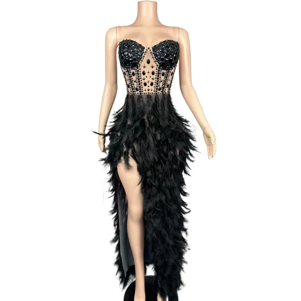 سباركلي أحجار الراين اللؤلؤ الريش فستان طويل المرأة مثير شبكة انظر من خلال عيد ميلاد احتفال مساء حفلة موسيقية فستان صورة تبادل لاطلاق النار ارتداء