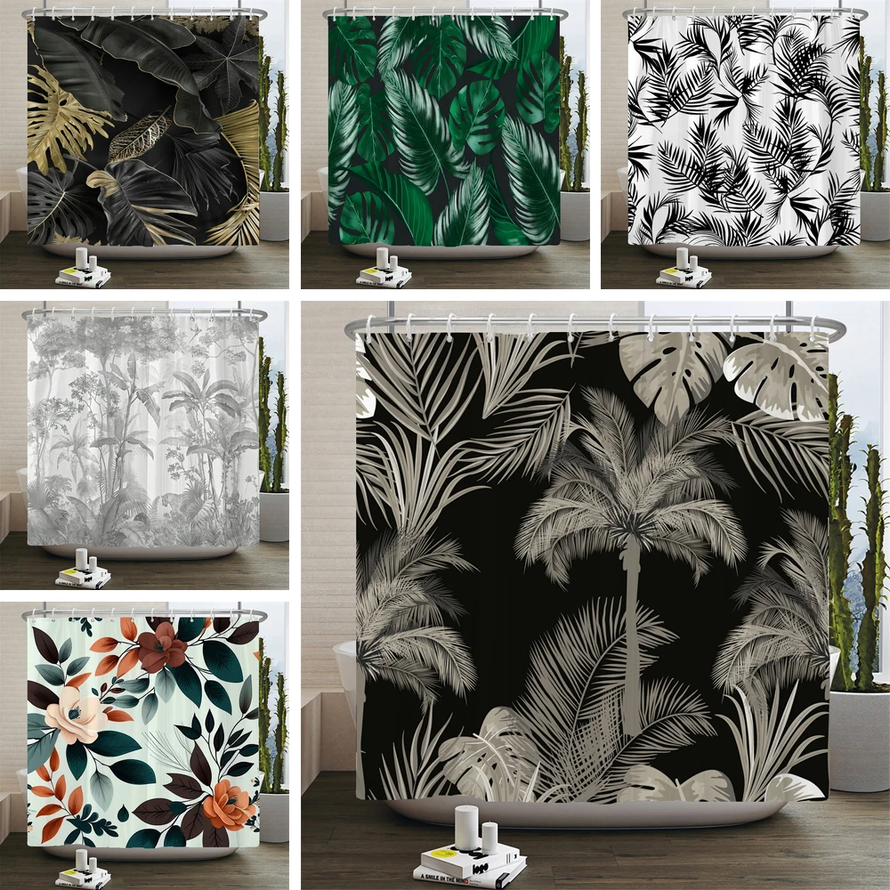 Tropical Plant Leaf Palm Printing Shower Curtains Bathroom Curtain Frabic Waterproof Polyester Bathroom Curtain Decor with Hooks