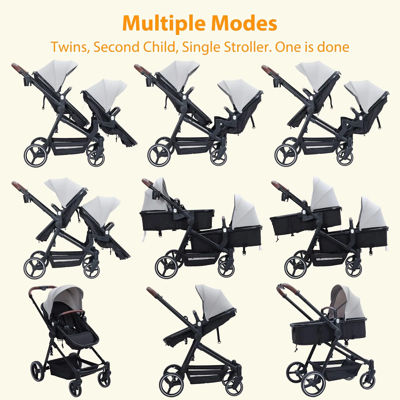 Double Track Tandem Stroller, Foldable Bassinet Pram for Infant and Toddler, Multi-Position Reversible Pushchair with Storage