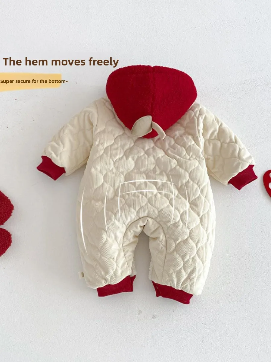 ملابس السنة الجديدة للأطفال الرضع، بدلة شتوية مبطنة بغطاء للرأس، تصميم متعدد الألوان، مادة ناعمة ومريحة للرضع