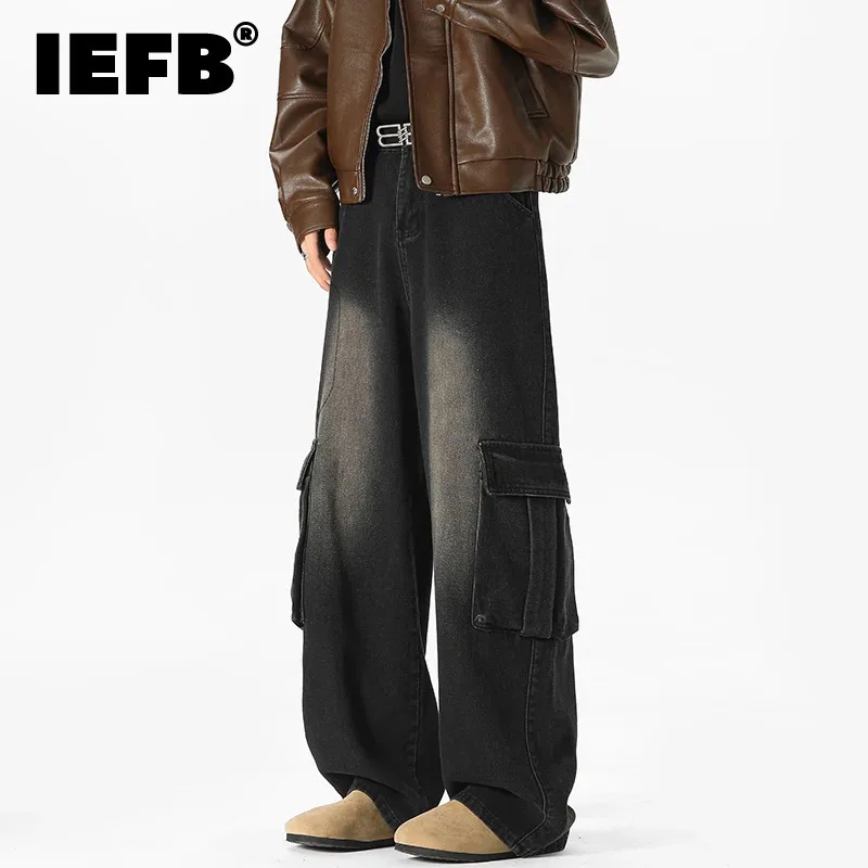 IEFB Solid Color Men's Jeans Washing Multi-pocket Cargo Trousers Korean Style Straight Wide Leg Loose Male Denim Pants 9C8592