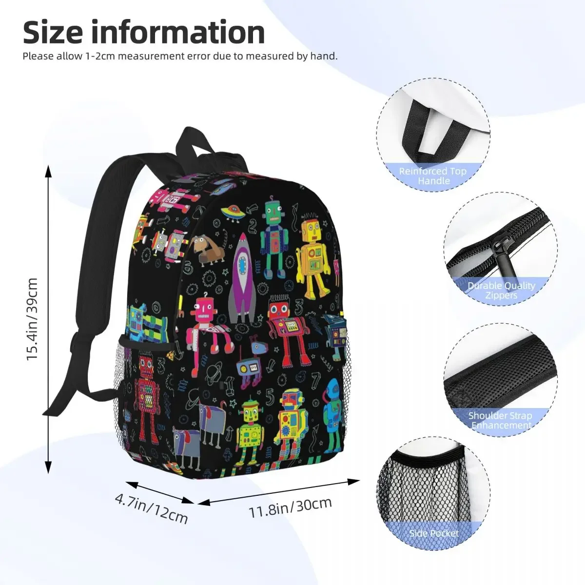 Robots In Space - Black - Fun Pattern By Cecca Designs Backpacks Teenager Bookbag Children School Travel Rucksack Shoulder Bag