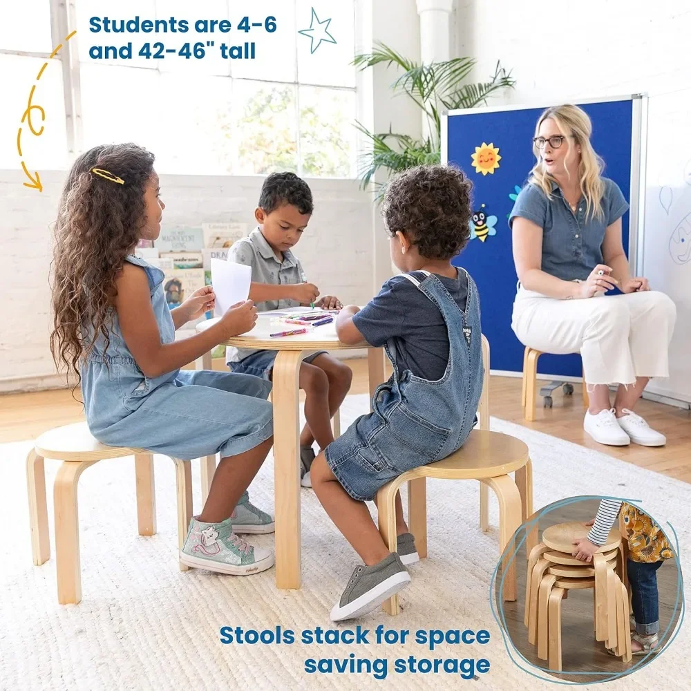 ECR4Kids-Ensemble table et tabouret arrondis en bois courbé, meubles pour enfants, naturels, assortis, 5 pièces