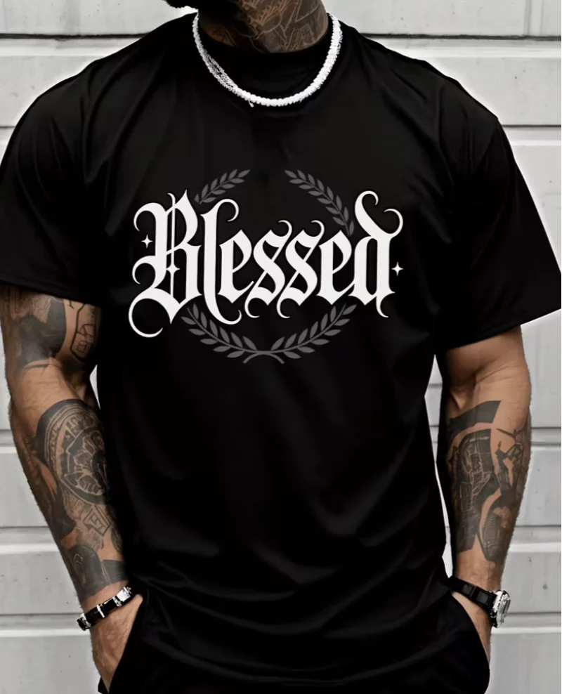 Men'S Fashionable Casual T-Shirt with Blessed Letter And Wreath Design for Street Style, Plus Size T-Shirts