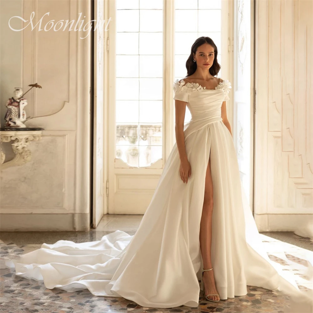 

Princess Pleat Flowers Strapless A-Line Wedding Dress High Side Split Off The Shoulder Open Back Vestidos De Novia Customized