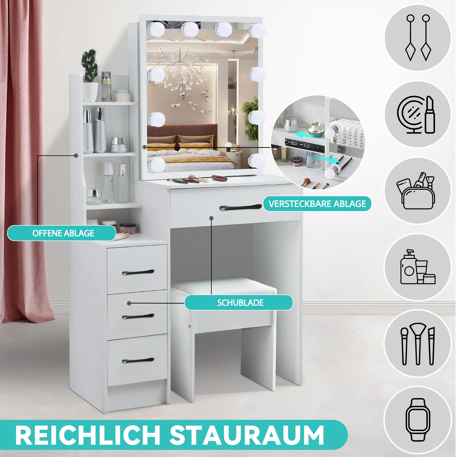 Modern LED Sliding Mirror Dressing Table Stool Set with Makeup Vanity Desk And Shelf - Sliding Mirror for Extra Convenience