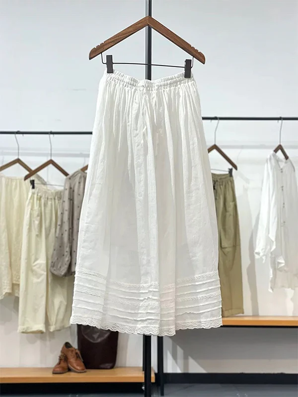 

Cotton Linen High Waist A-Line Midi Skirt Women's Summer Elastic Waist Draped Lace Hem Linen Skirt Retro Style Commute