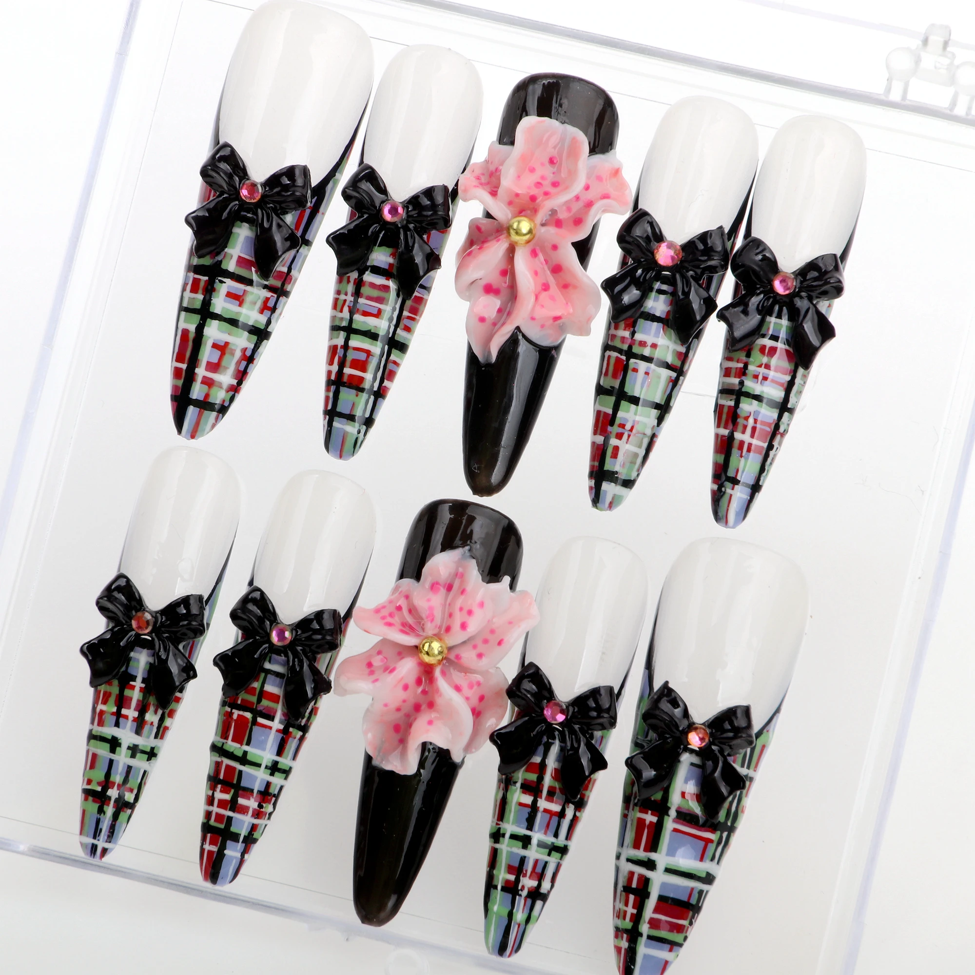 10 ชิ้นเล็บ Overlength Stiletto Handmade ภาษาโปลิชคํา Gingham Pearl Inlay 3D โบว์เล็บกดออกแบบกาวเล็บแฟ้มชุด