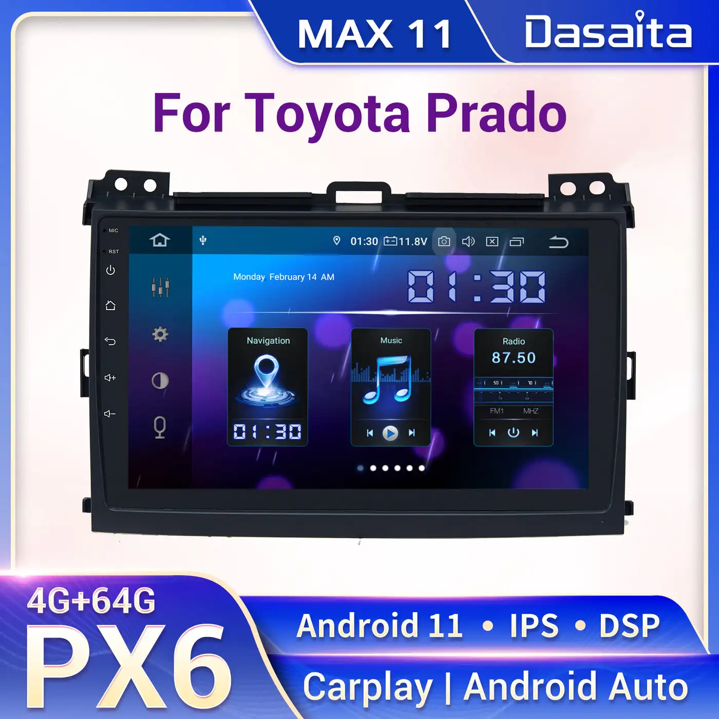 Dasaita Max11 Car Multimedia Player for Toyota Prado 120 2004 - 2009 Stereo 9" HD IPS Carplay 4G+64G Android11 PX6 1280*720 DSP