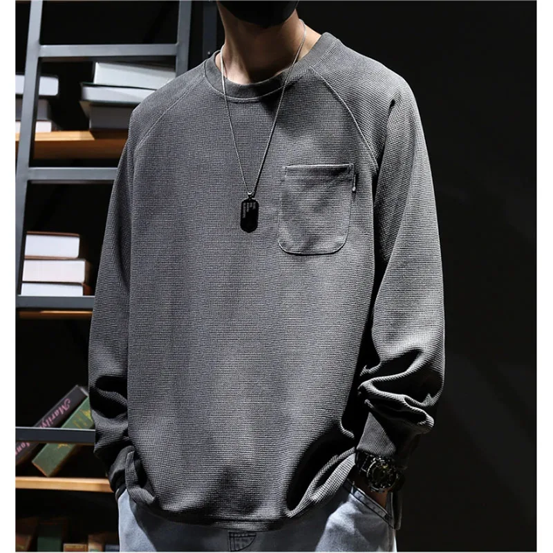 New Spring and Autumn Fashion Brand Waffle True Pocket Solid Round Neck Loose and Versatile Handsome Slim Men\'s Casual Sweater