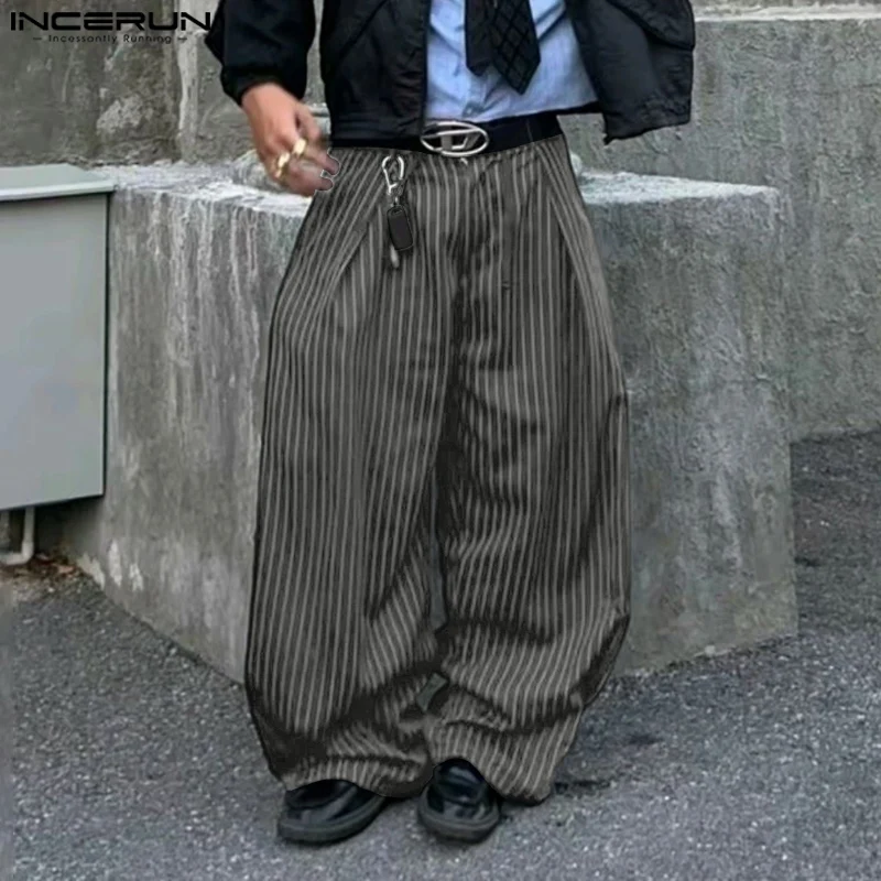 

INCERUN Men Striped Pants Loose Button Joggers Casual Wide Leg Trousers Men Streetwear Pleated Fashion Leisure Long Pants S-5XL