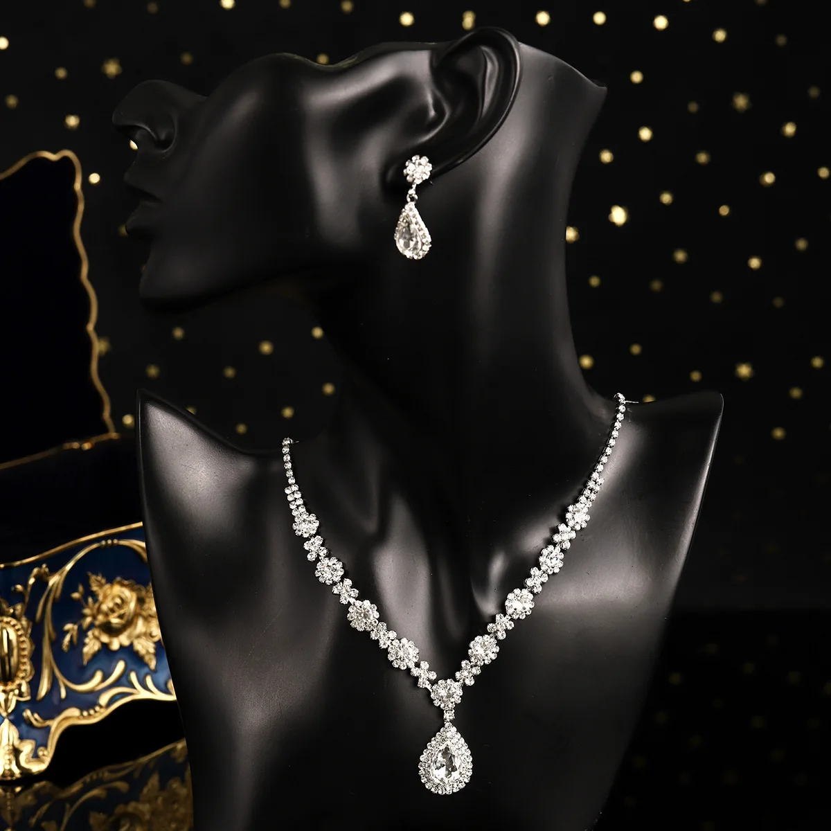 

SLBRIDAL Handmade Alloy African Rhinestones Crystal Pearls Bridal Jewelry Set Wedding Necklace Set Women Engagement Prom Jewelry