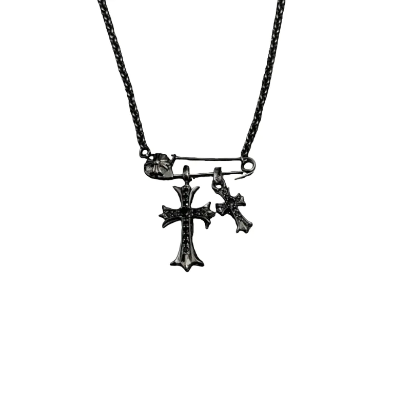 

Blackened Metal Bar Pendant Necklace with Double Cross & Rhinestones – Edgy Gothic Statement Jewelry