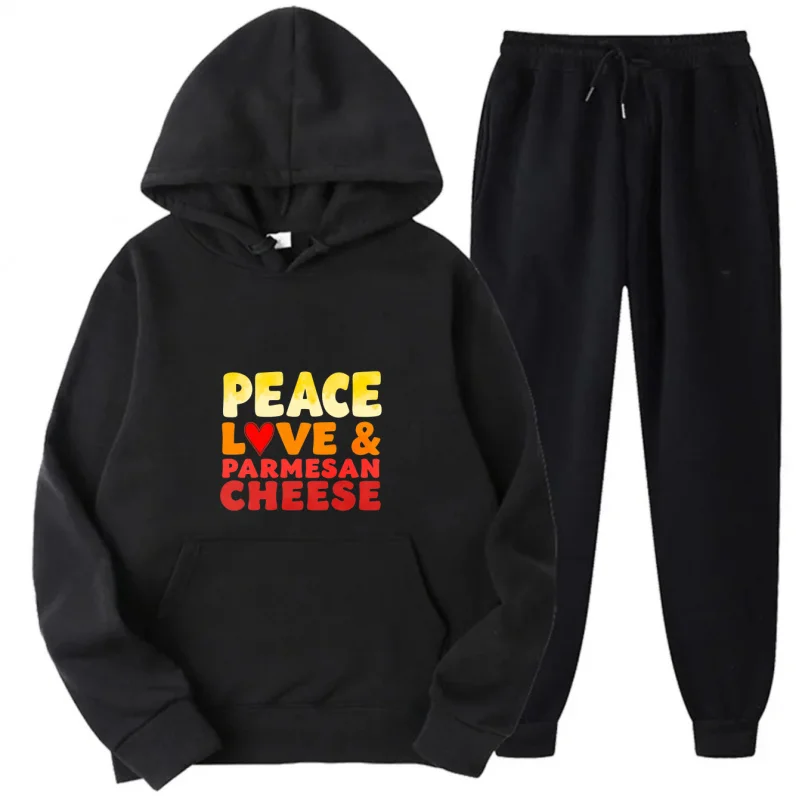 طقم هوديي رمادي سويت شيرت وسروال بنمط مطبوع عليه Peace Love and Parmesan Cheese