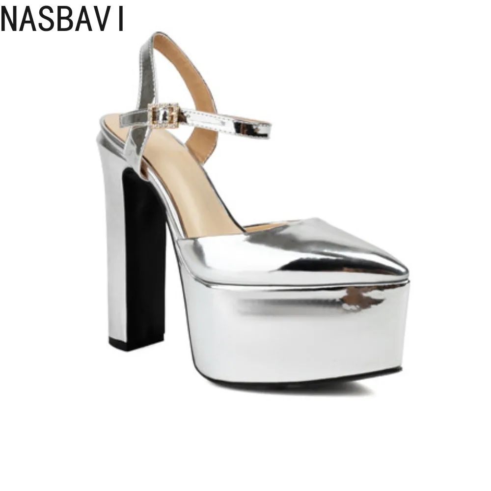 

Platform Pointed Toe Sandals for Women Summer New Ankle Buckle Strap Gold Runway High Heels Large Size 43 Wedding Party Shoes