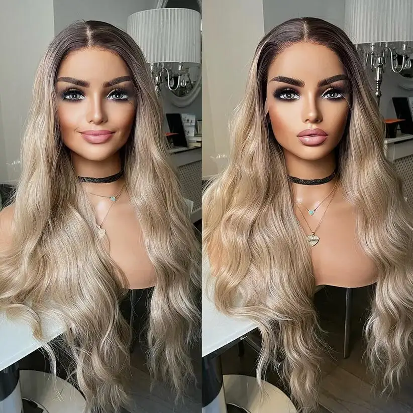 

Long Wavy Lace Frontal Wigs Ash Blonde Synthetic Hair Heat Resistant Layered